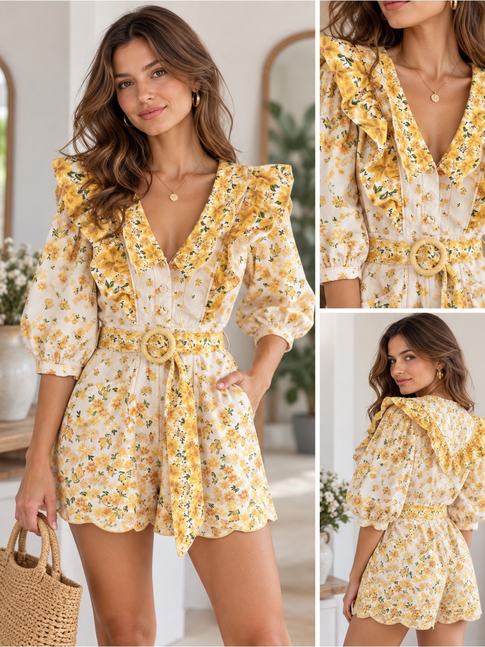 FARM Rio Yellow Floral Ruffle Puff Sleeve Belted Romper Size Small